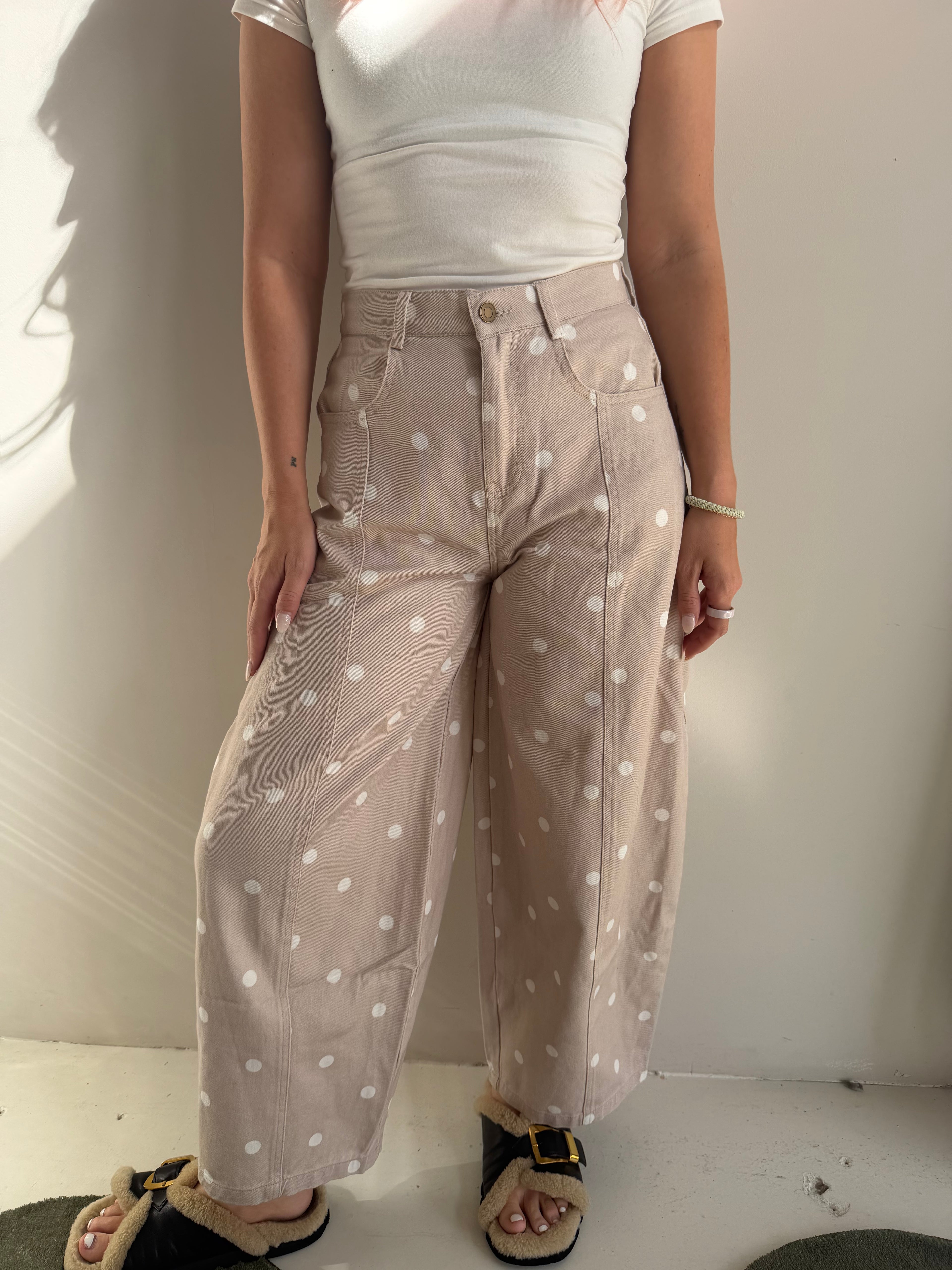 The Dottie Denim Wide Leg Pant - Taupe/Ivory