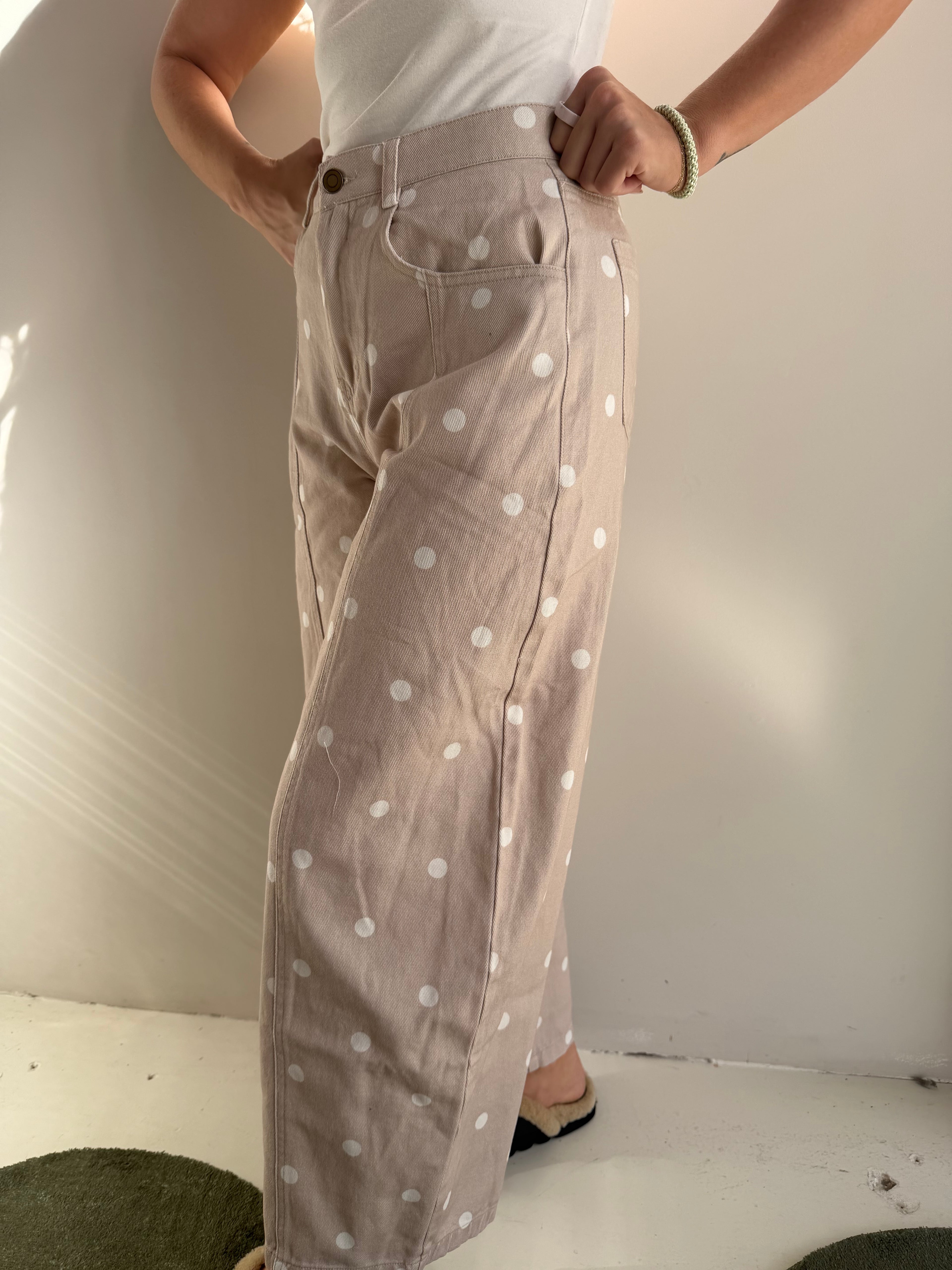 The Dottie Denim Wide Leg Pant - Taupe/Ivory