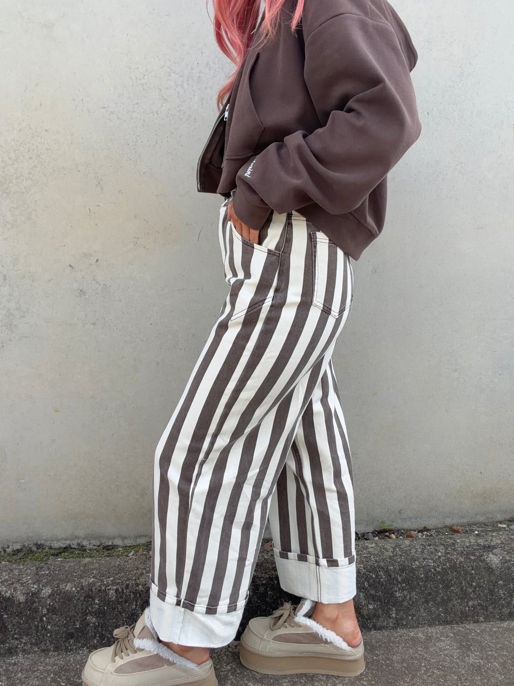 Striped Rolled Barrel Pant - Brown/Cream