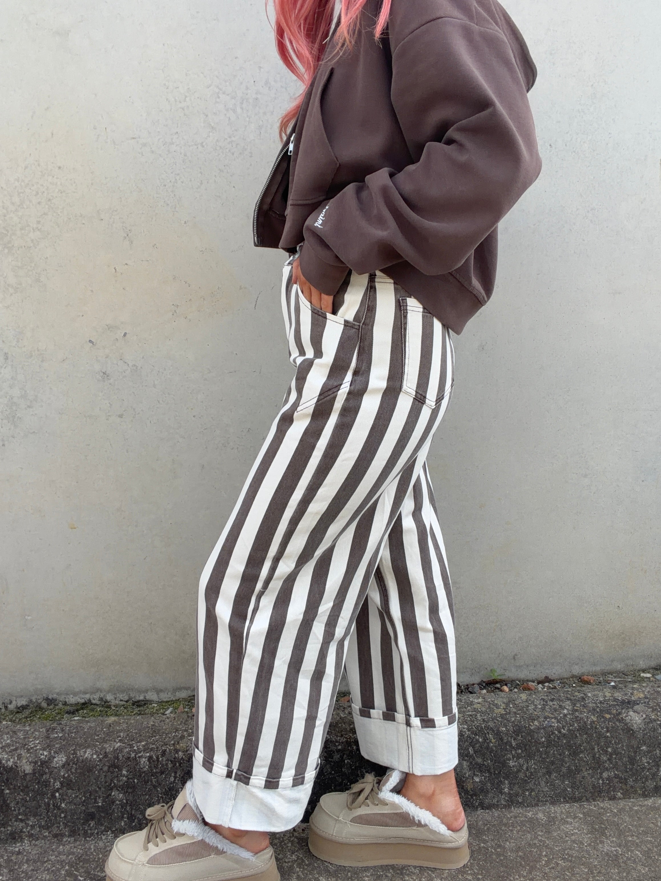Striped Rolled Barrel Pant - Brown/Cream