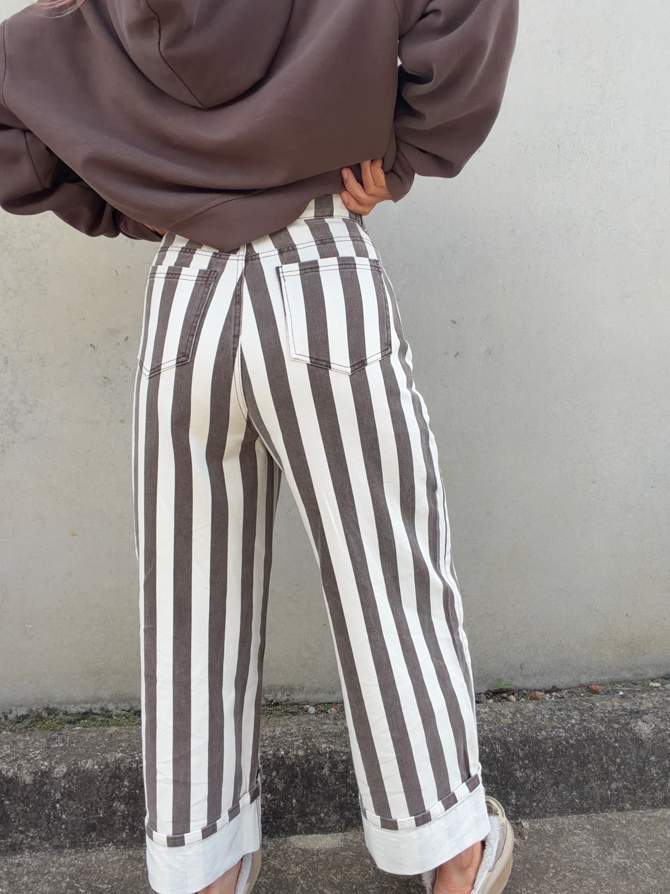 Striped Rolled Barrel Pant - Brown/Cream