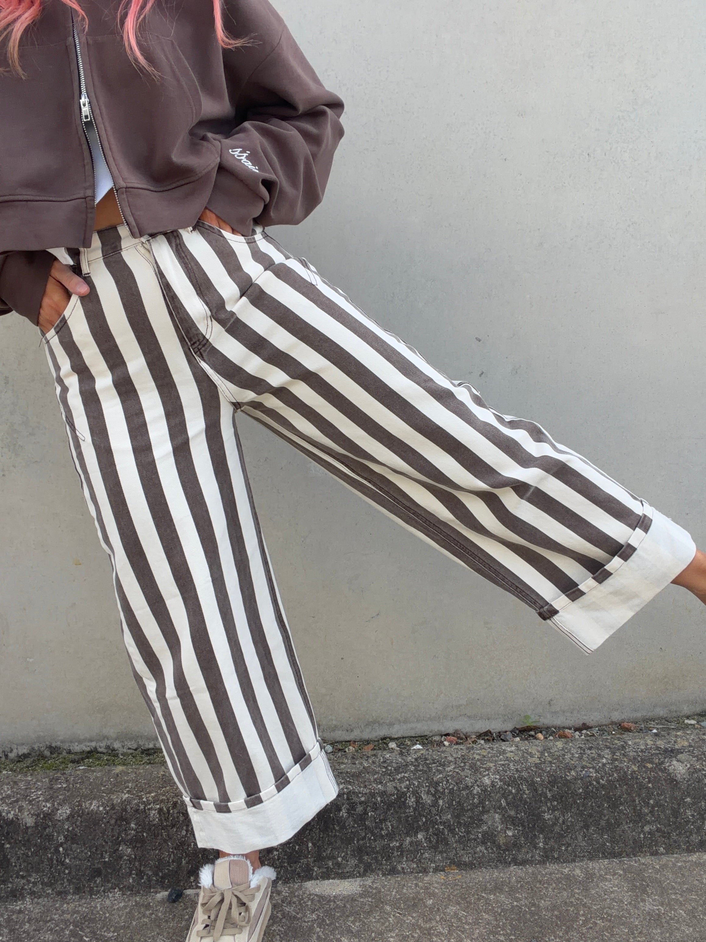 Striped Rolled Barrel Pant - Brown/Cream