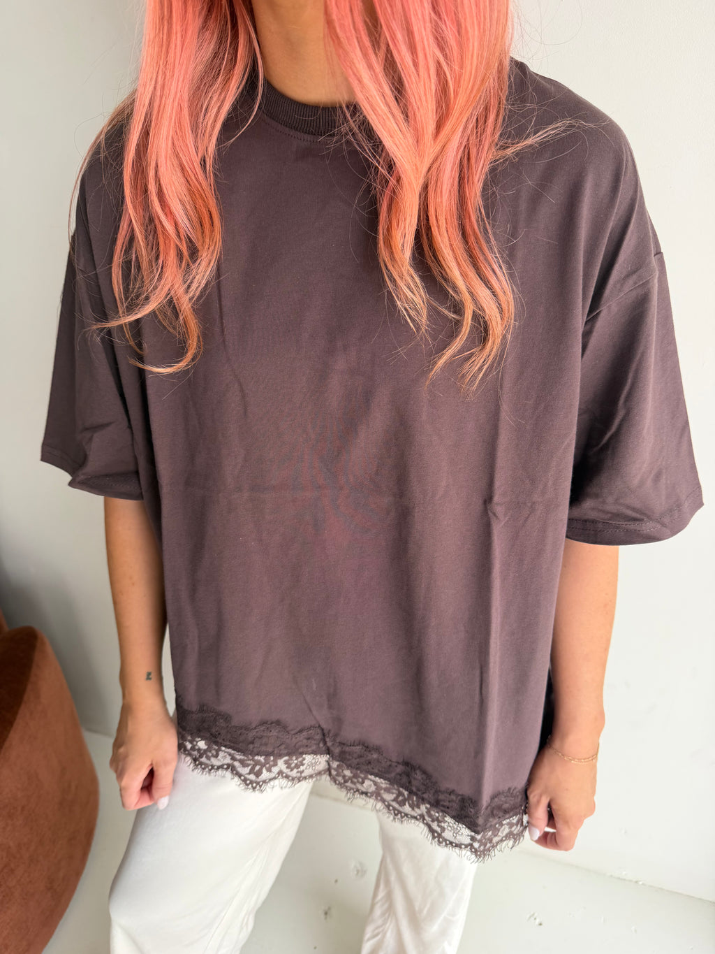 Asymmetrical Hem Lace Tee - Chocolate