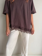 Asymmetrical Hem Lace Tee - Chocolate