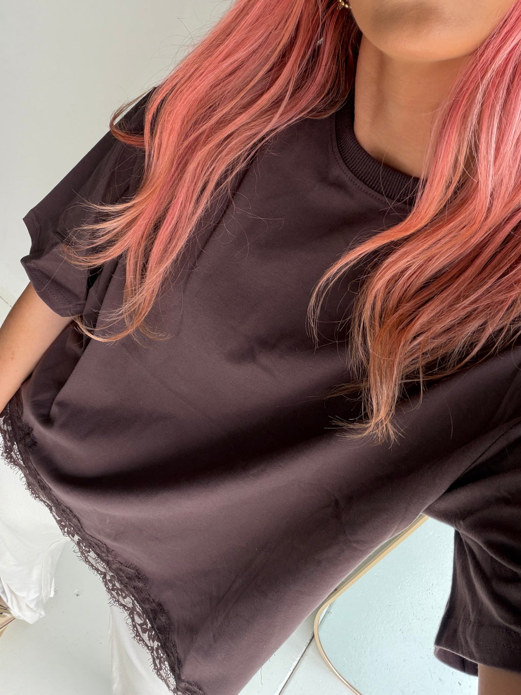 Asymmetrical Hem Lace Tee - Chocolate