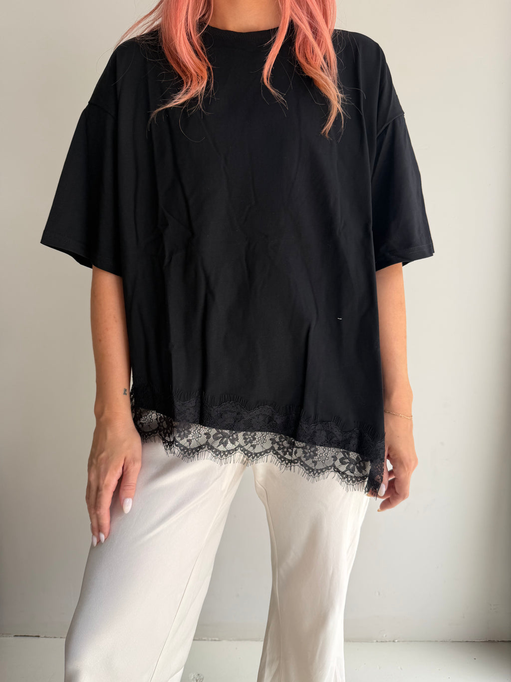 Asymmetrical Hem Lace Tee - Black
