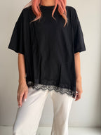 Asymmetrical Hem Lace Tee - Black