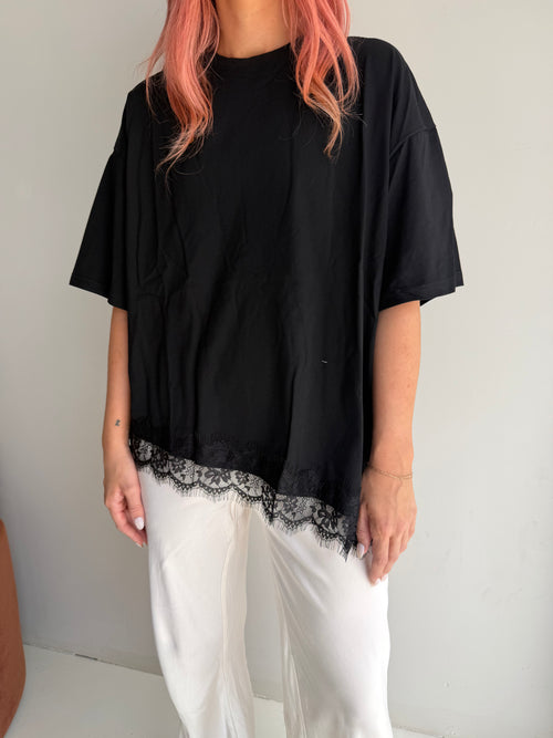 Asymmetrical Hem Lace Tee - Black