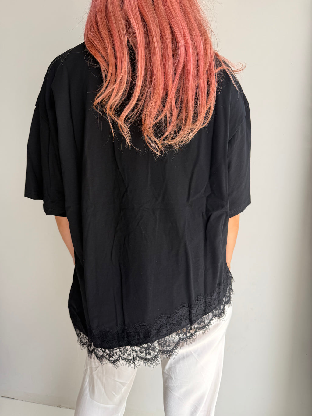 Asymmetrical Hem Lace Tee - Black