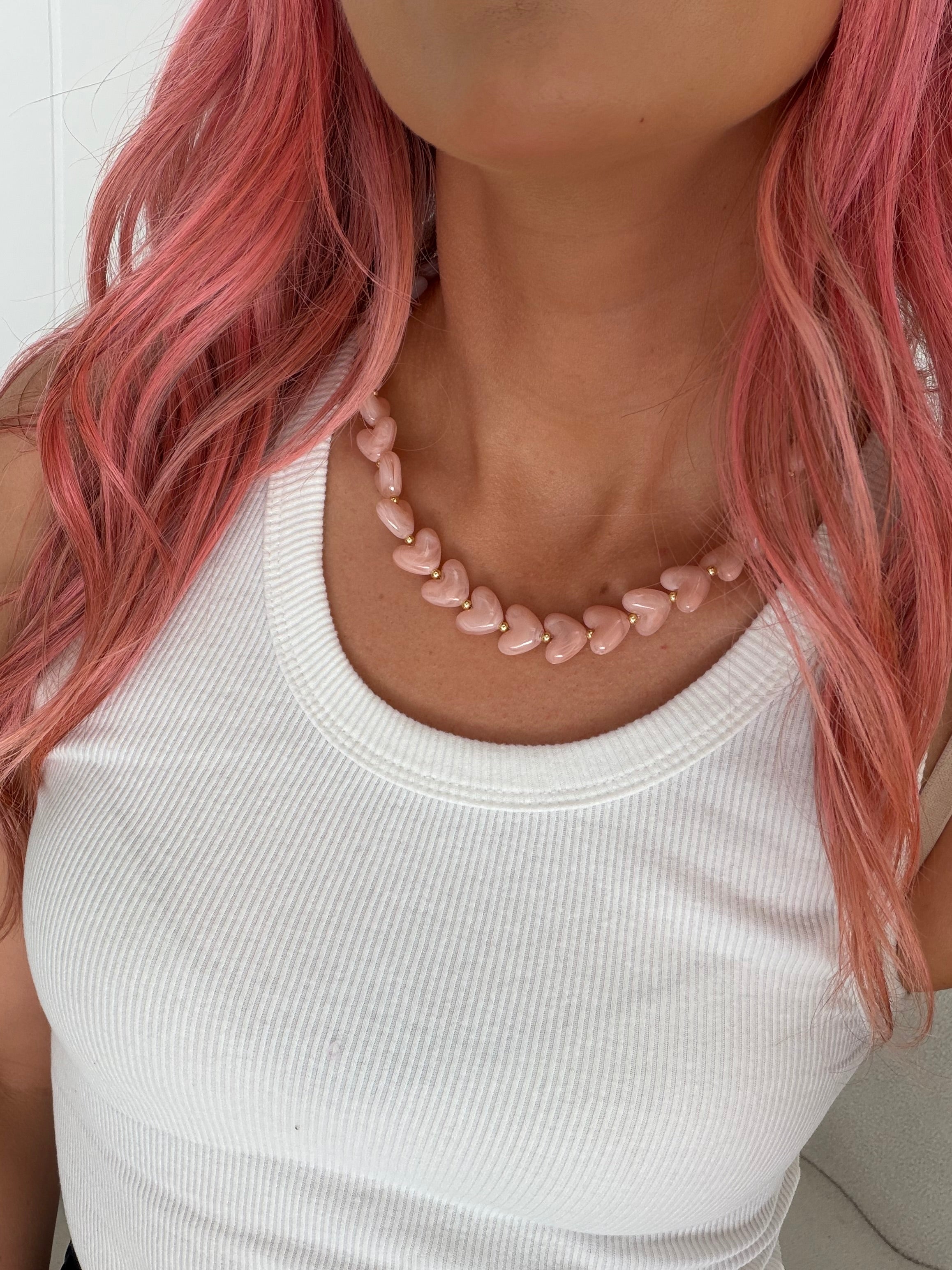 Resin Heart Bead Necklace - Light Pink