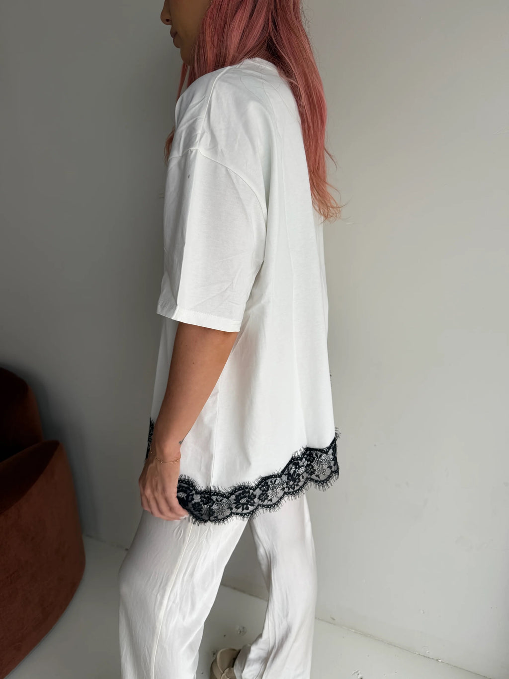 Asymmetrical Hem Lace Tee - White