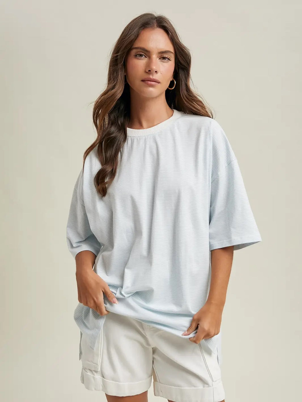 Oversized Striped Knit Top - Sky/White