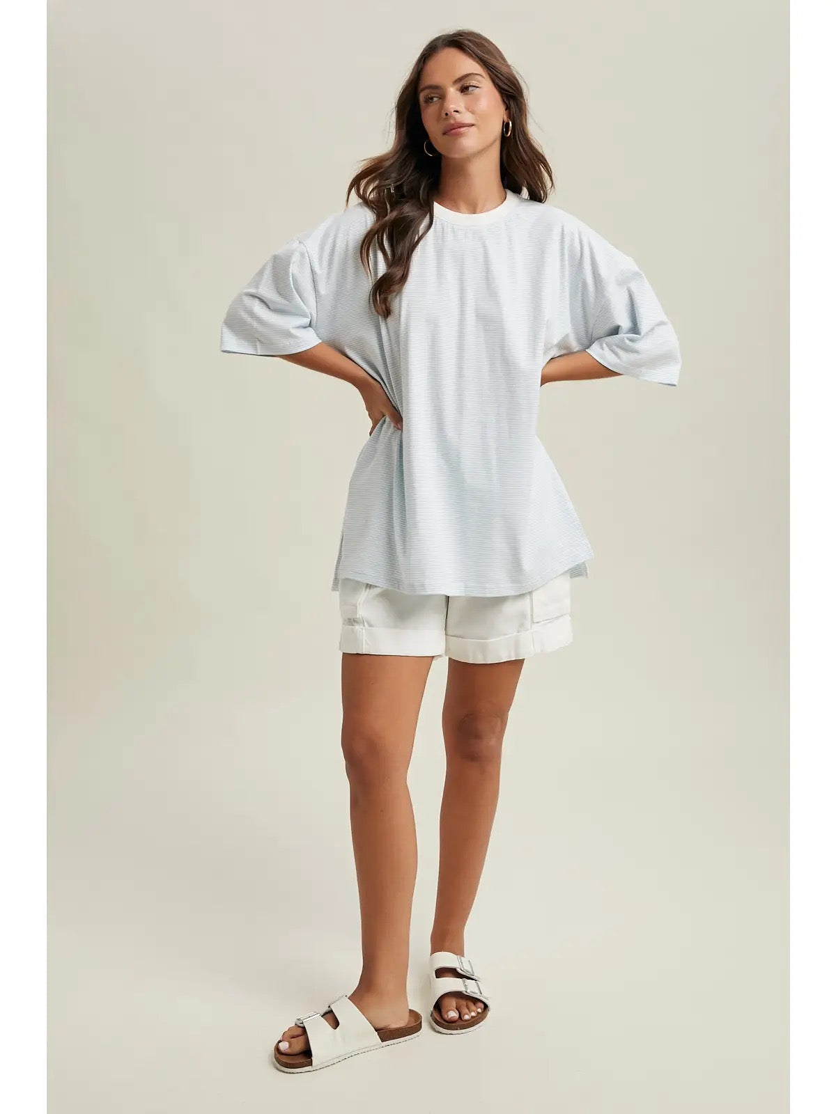 Oversized Striped Knit Top - Sky/White
