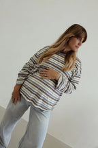 Stripe Cotton Oversized LS Tee - White/Blue/Brown