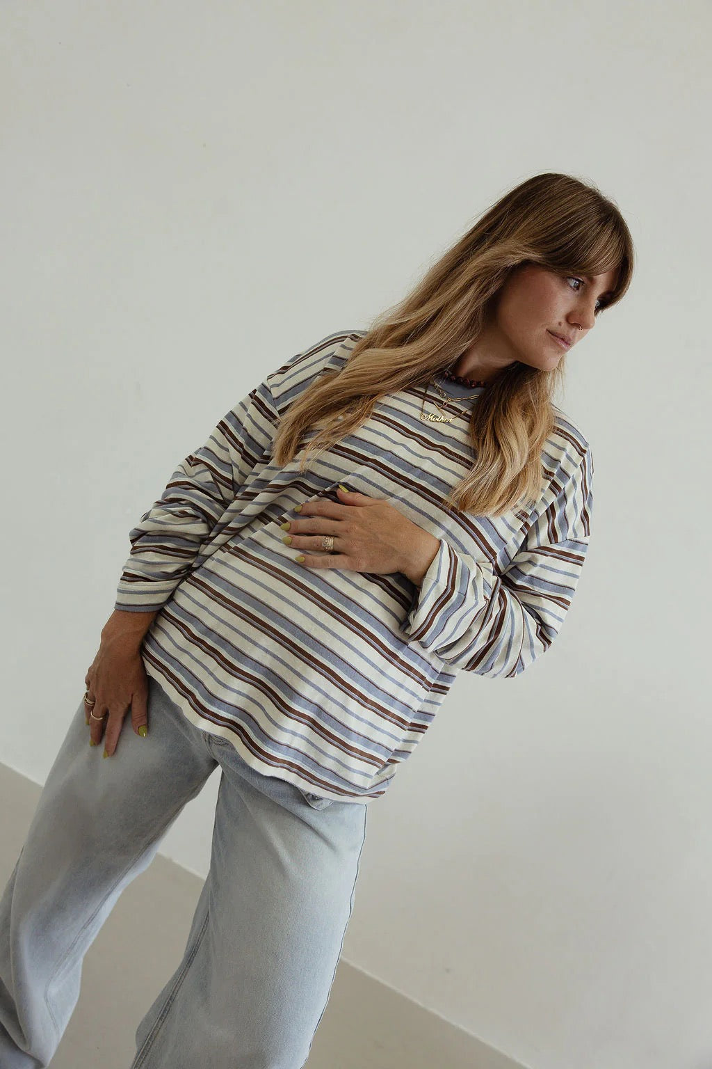 Stripe Cotton Oversized LS Tee - White/Blue/Brown