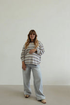 Stripe Cotton Oversized LS Tee - White/Blue/Brown