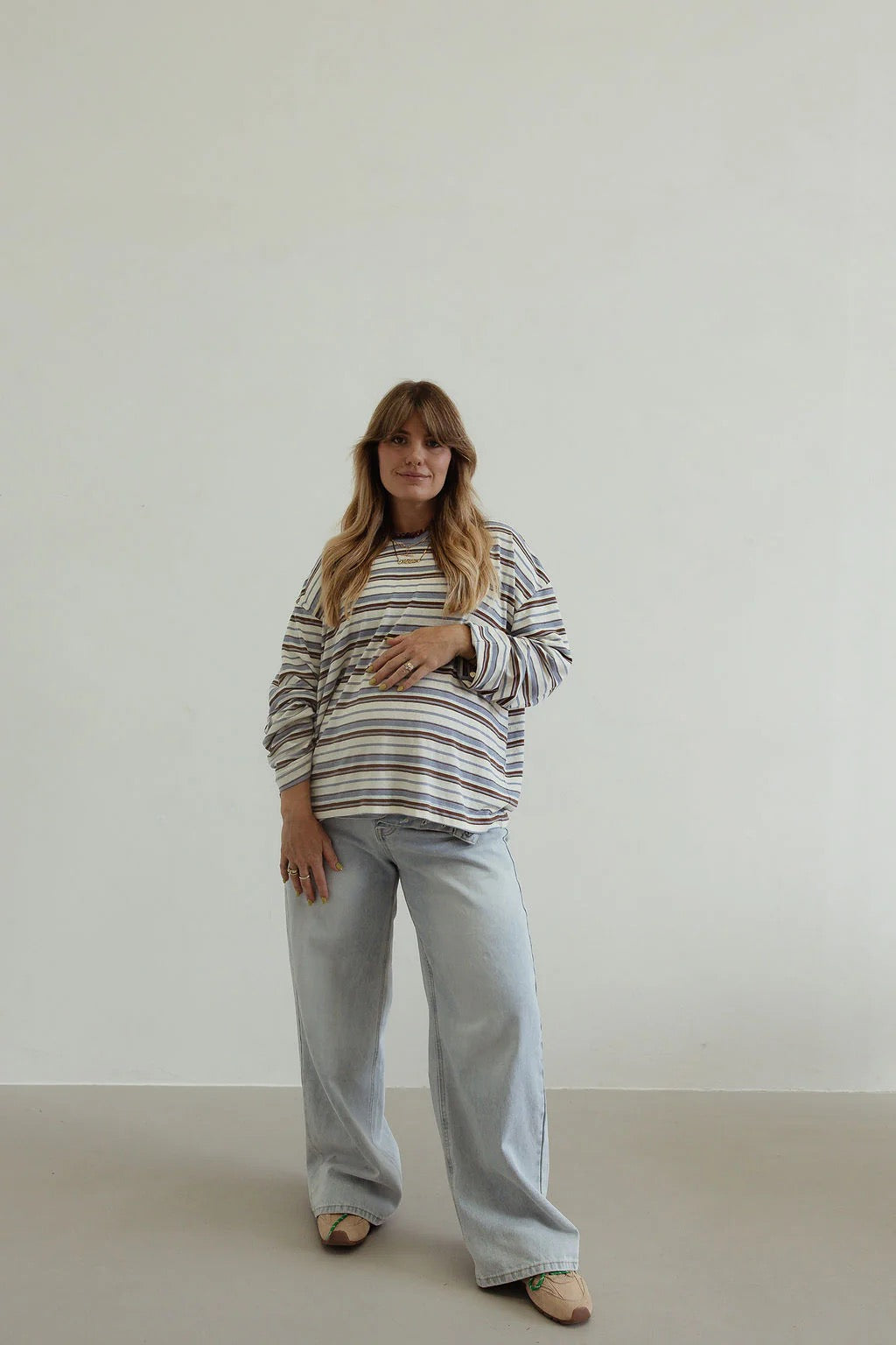 Stripe Cotton Oversized LS Tee - White/Blue/Brown