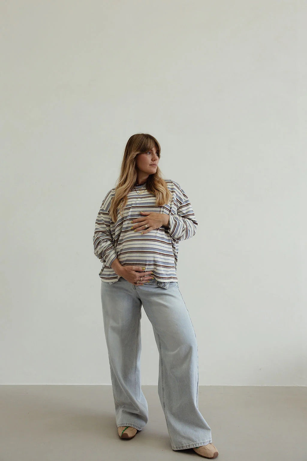 Stripe Cotton Oversized LS Tee - White/Blue/Brown