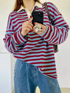 Classic Retro Stripe Collar Long Sleeve Tee - Wine