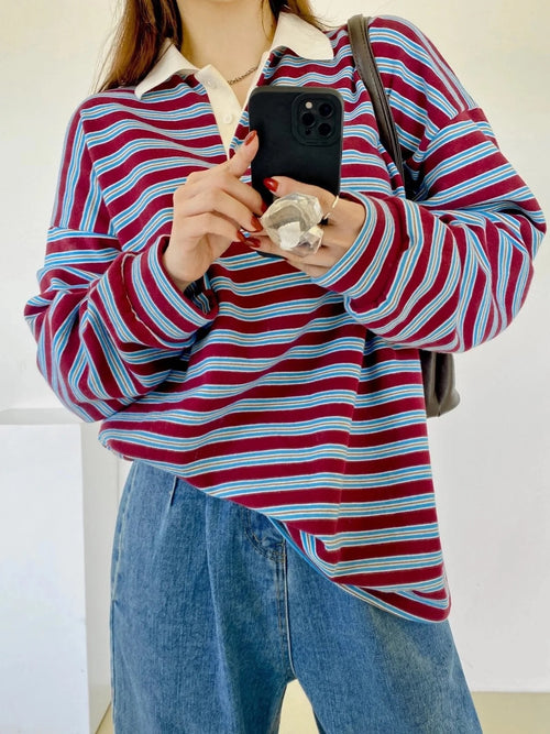 Classic Retro Stripe Collar Long Sleeve Tee - Wine