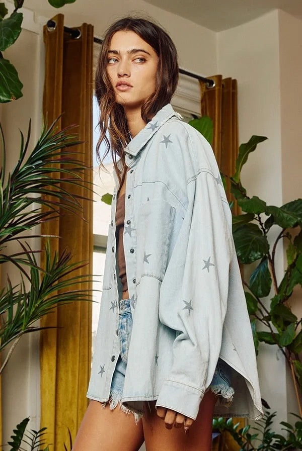 Star Print Washed Denim Shirt Jacket