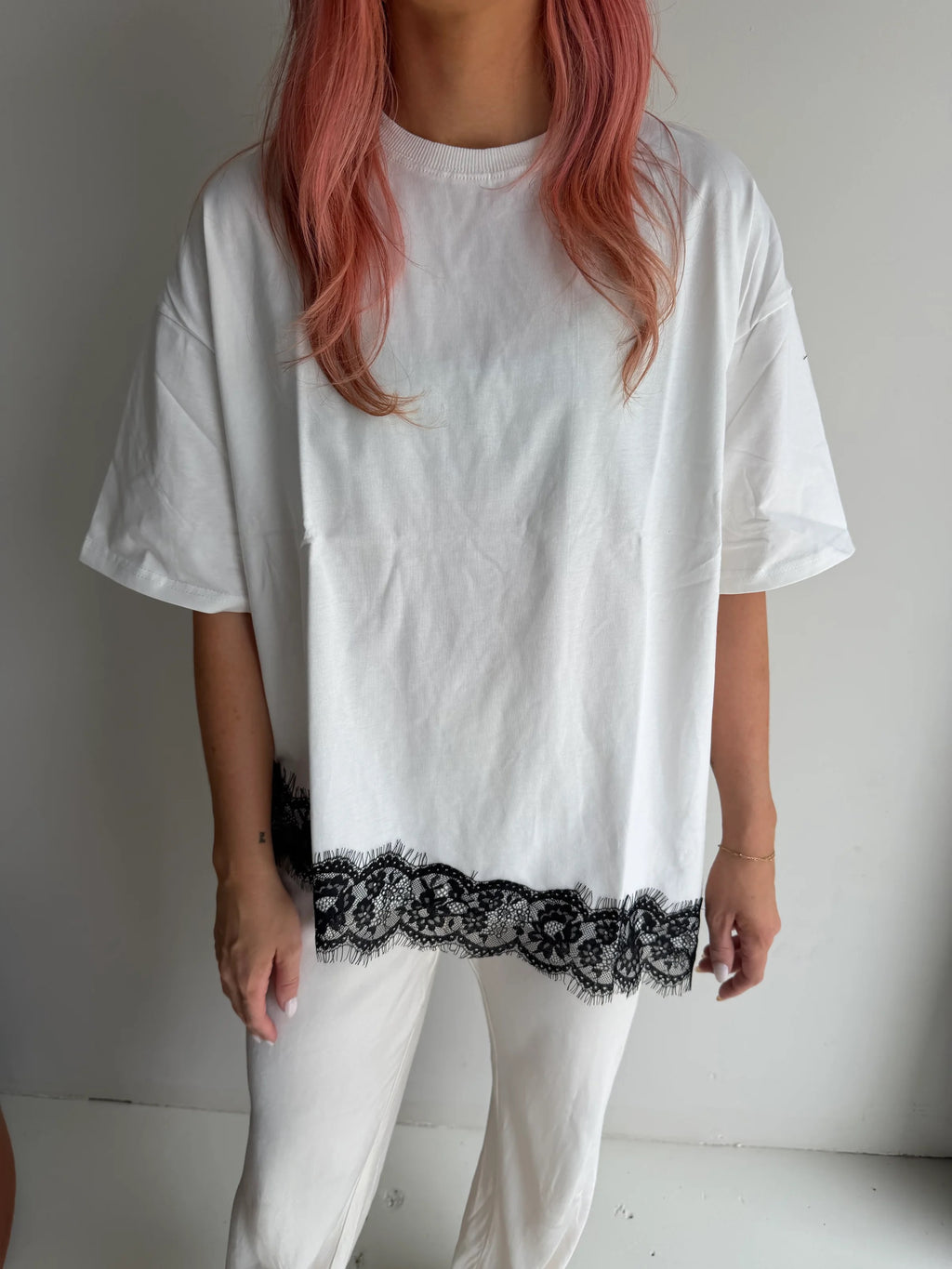 Asymmetrical Hem Lace Tee - White