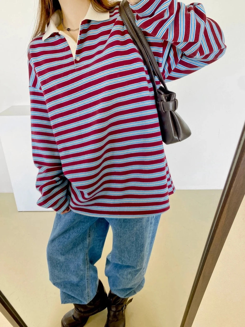 Classic Retro Stripe Collar Long Sleeve Tee - Wine