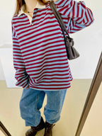 Classic Retro Stripe Collar Long Sleeve Tee - Wine