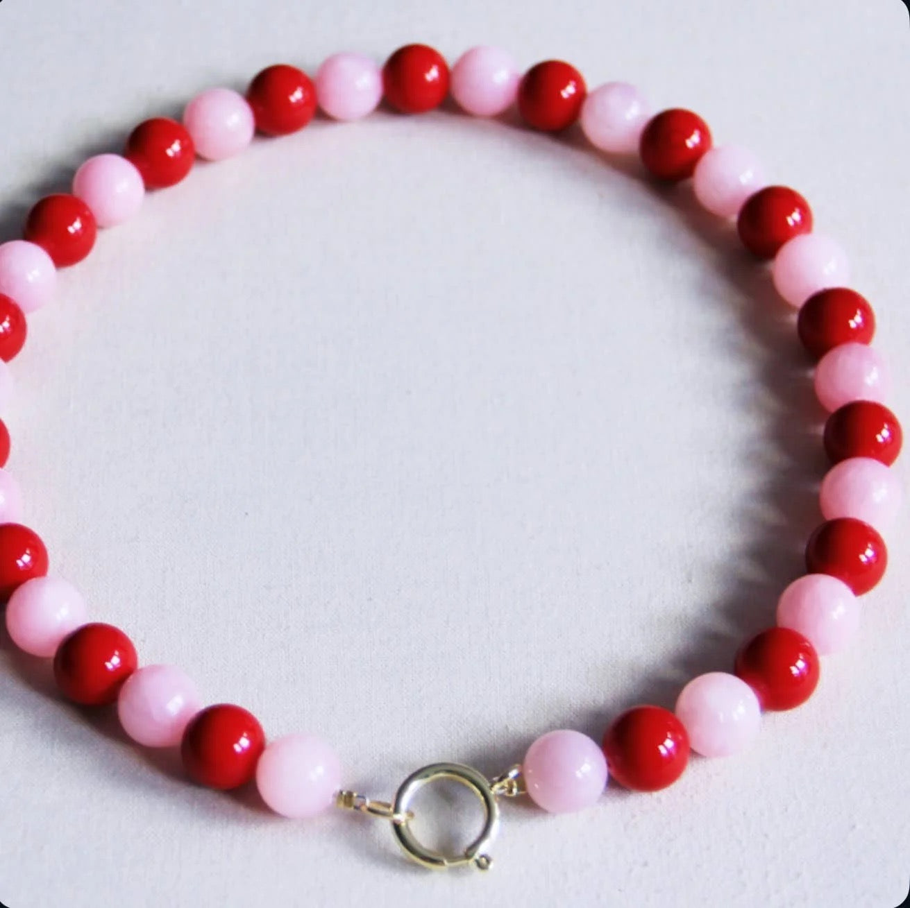 Bead Necklace in Natural Stone - XL Red/Pink