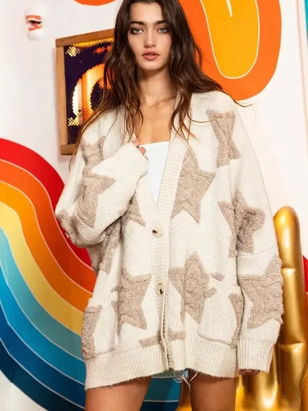Oversized Star Cardigan - Cream Multi