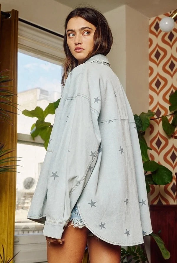 Star Print Washed Denim Shirt Jacket