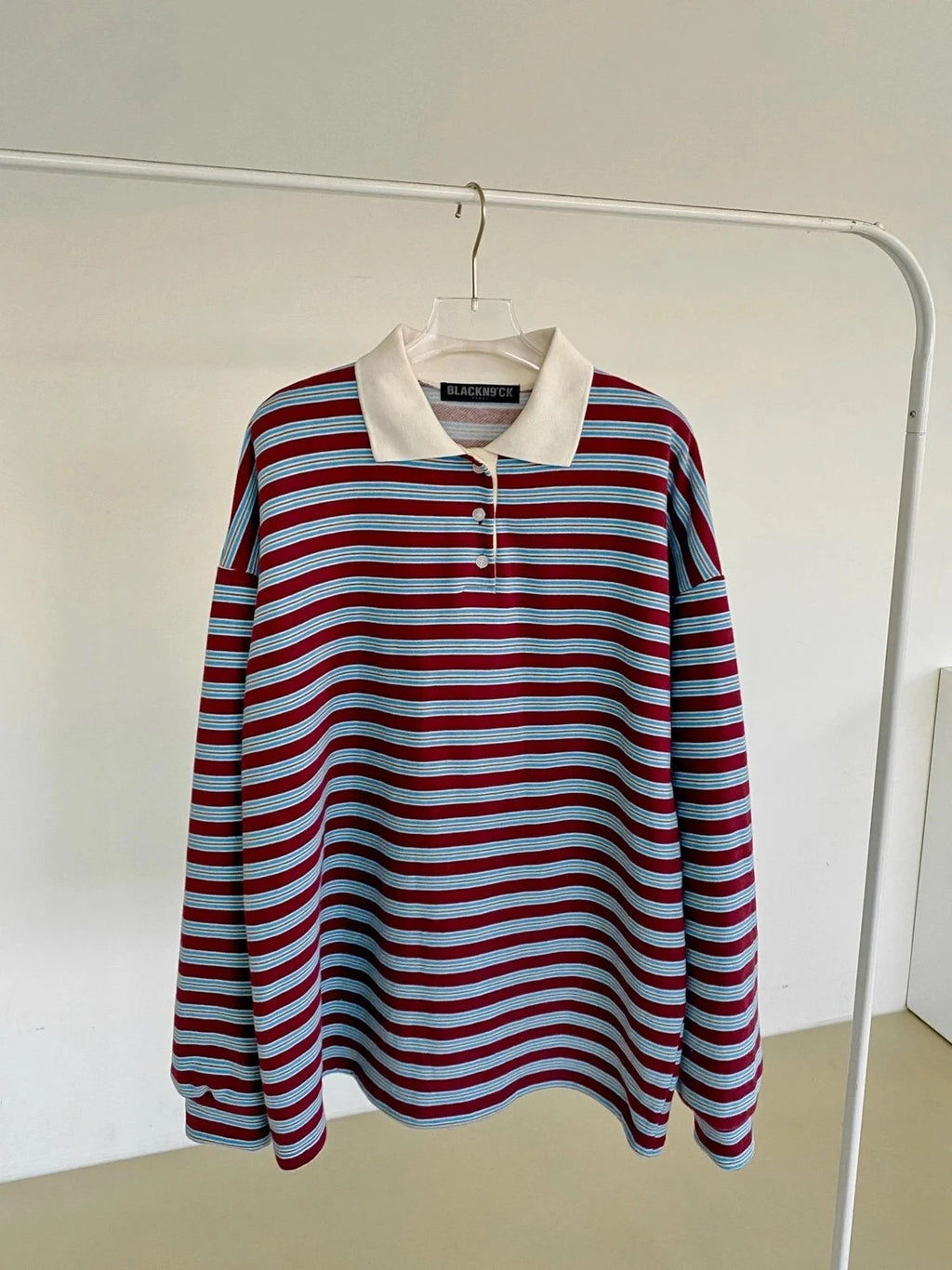 Classic Retro Stripe Collar Long Sleeve Tee - Wine