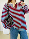 Classic Retro Stripe Collar Long Sleeve Tee - Wine