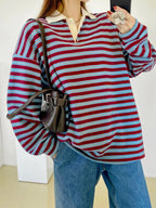 Classic Retro Stripe Collar Long Sleeve Tee - Wine