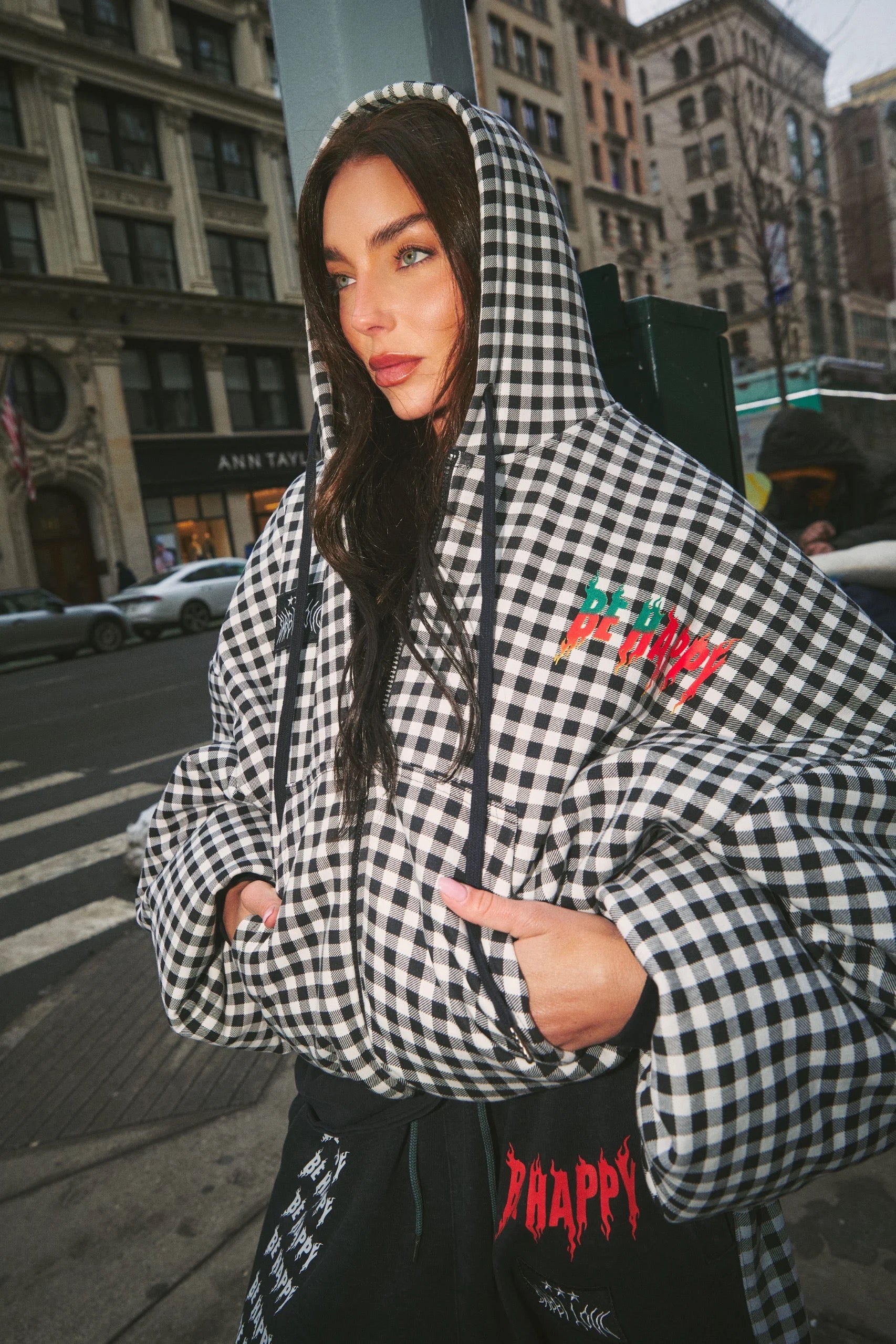 The Be Happy Gingham Padded Bomber