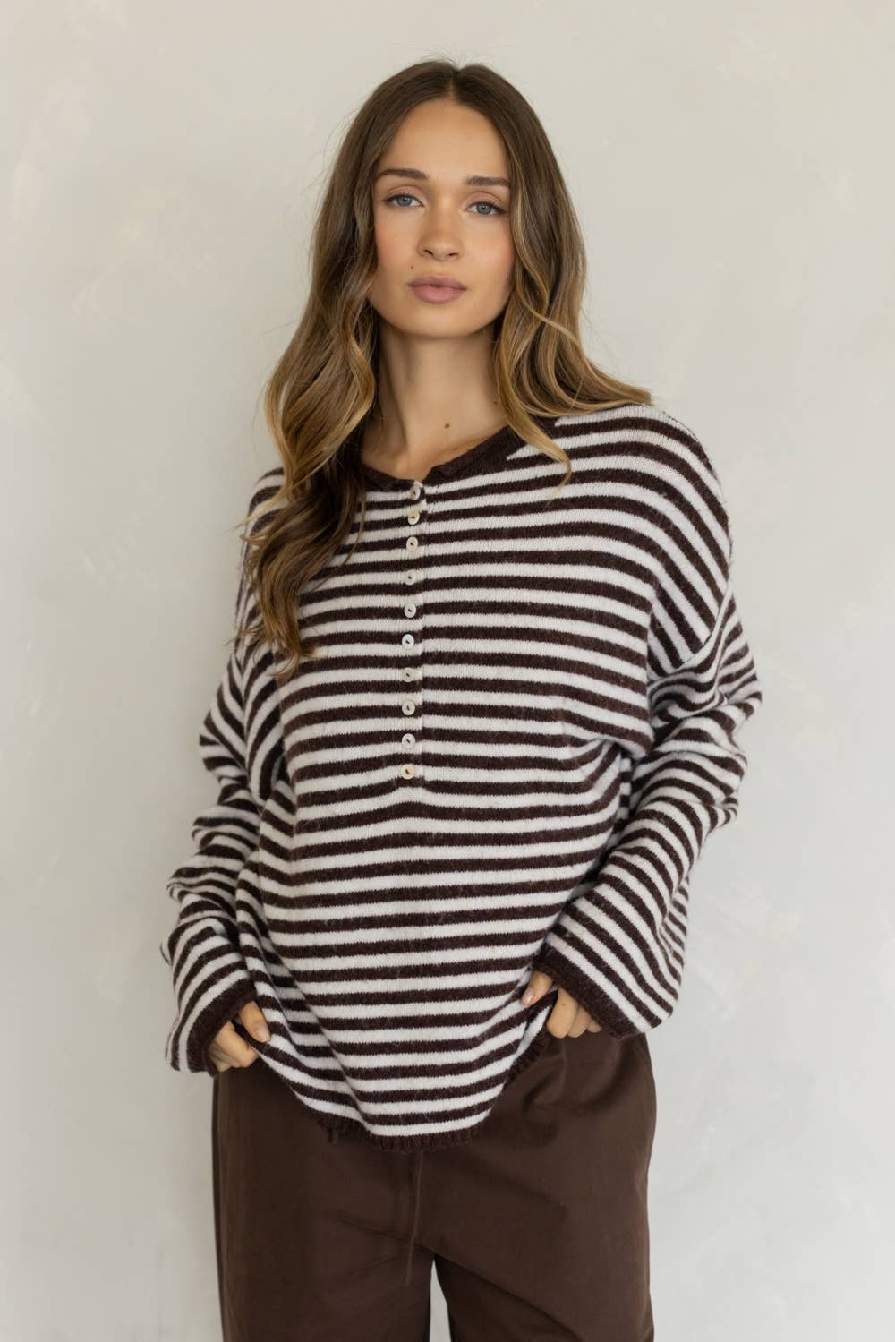 Striped Piper Henley - Brown/Cream
