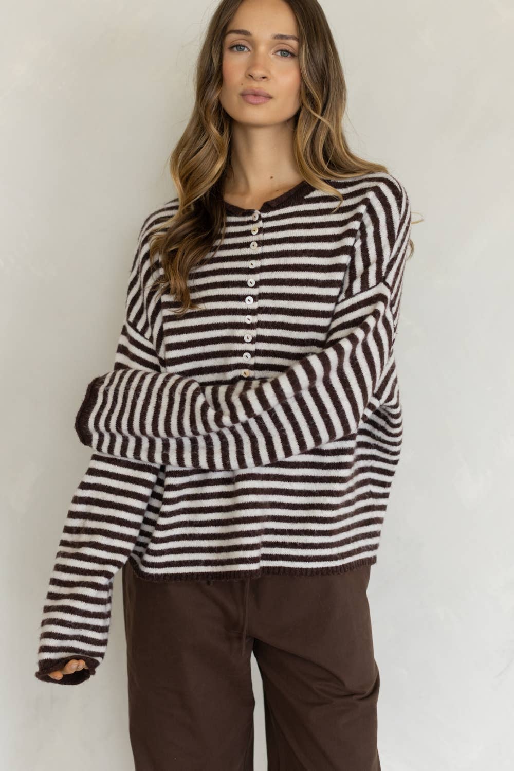 Striped Piper Henley - Brown/Cream