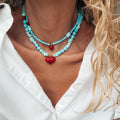 Semiprecious Howlite Turquoise Beads Necklace / Red Heart
