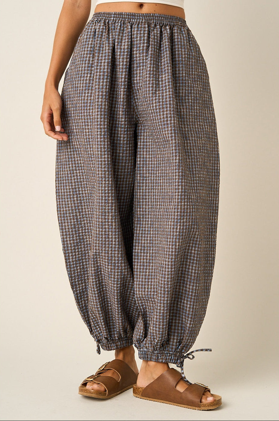 Gingham Balloon Pants - Blue/Brown