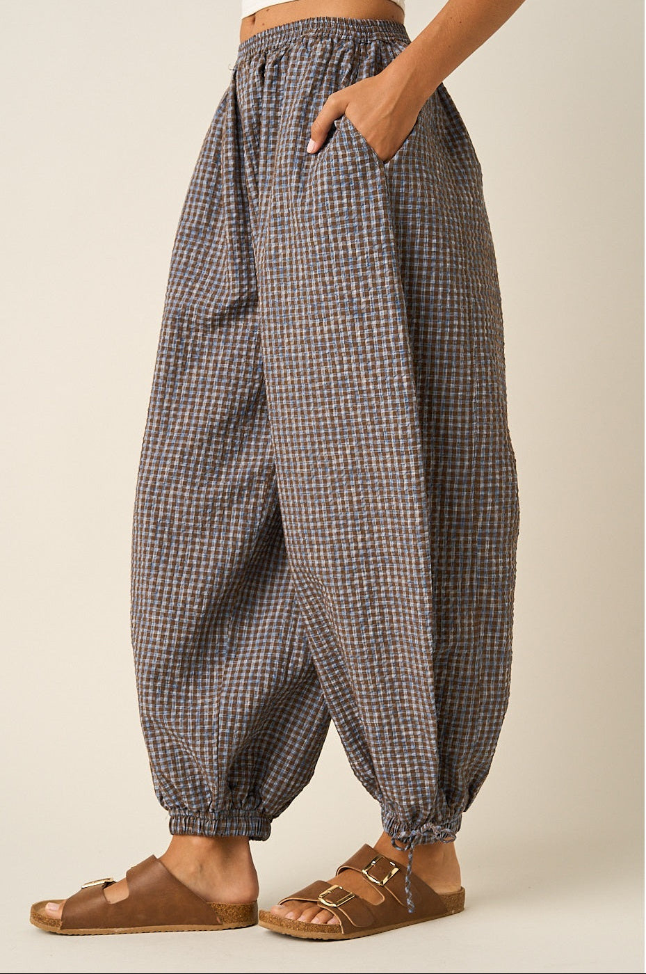 Gingham Balloon Pants - Blue/Brown
