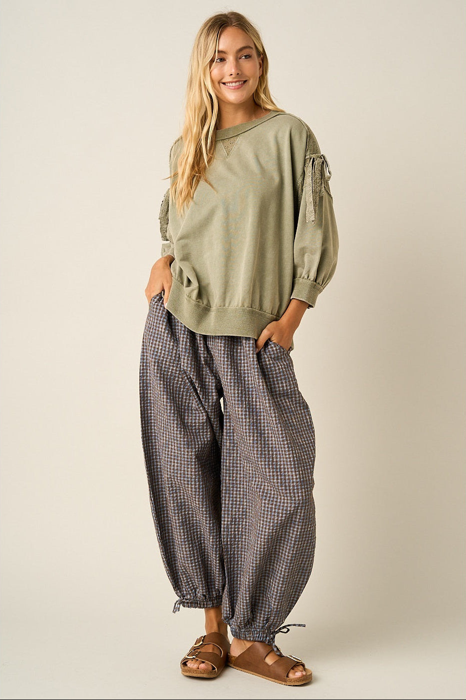 Gingham Balloon Pants - Blue/Brown