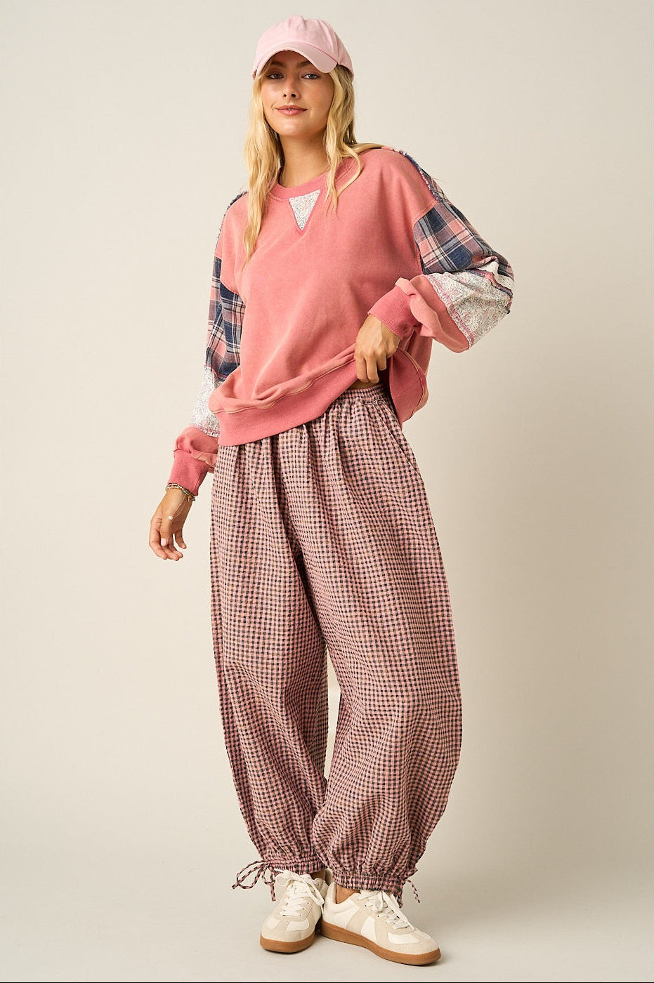 Gingham Balloon Pants - Pink/Teal