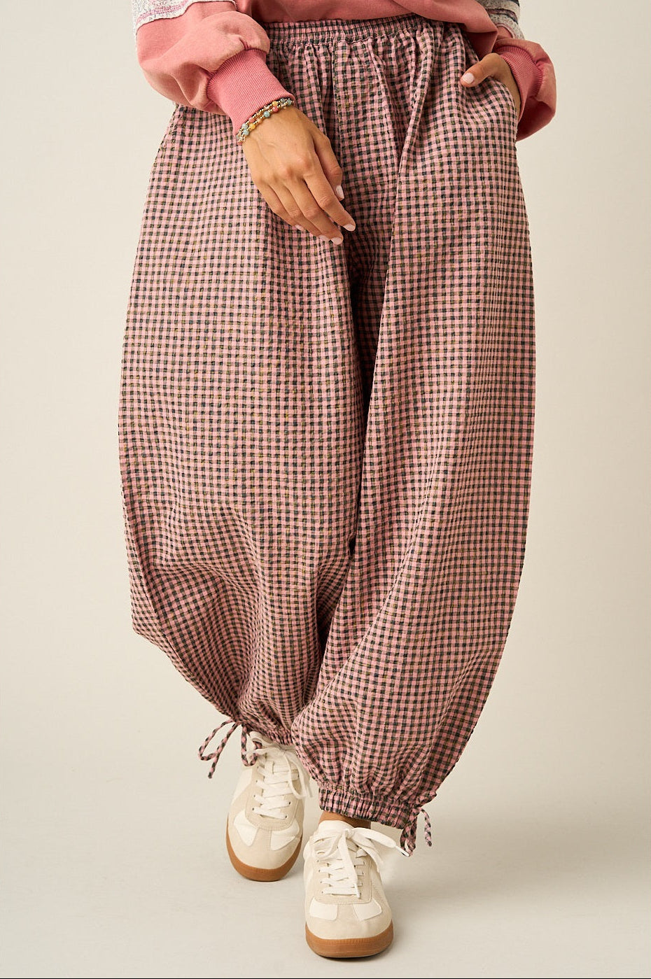 Gingham Balloon Pants - Pink/Teal